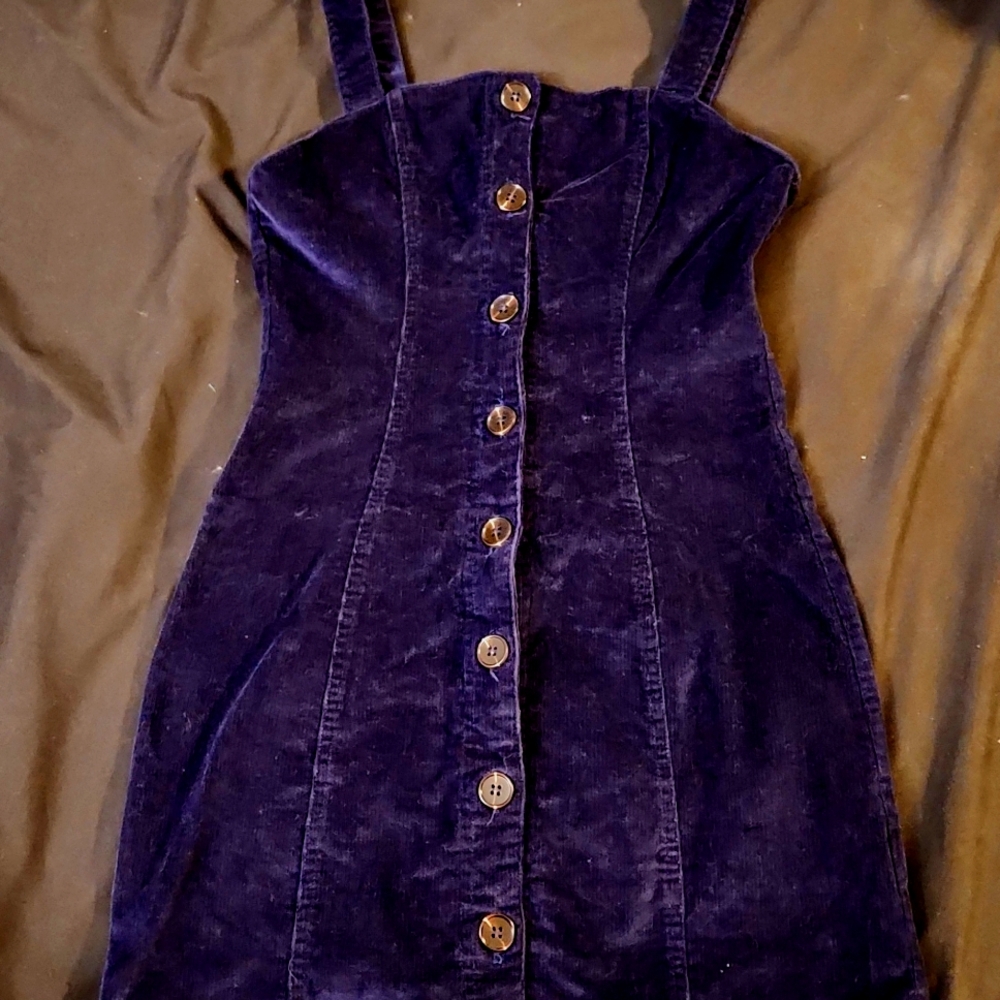 F21 Dk. Navy Blue Fitted Button down Dress; short, thin straps, corduroy feel!